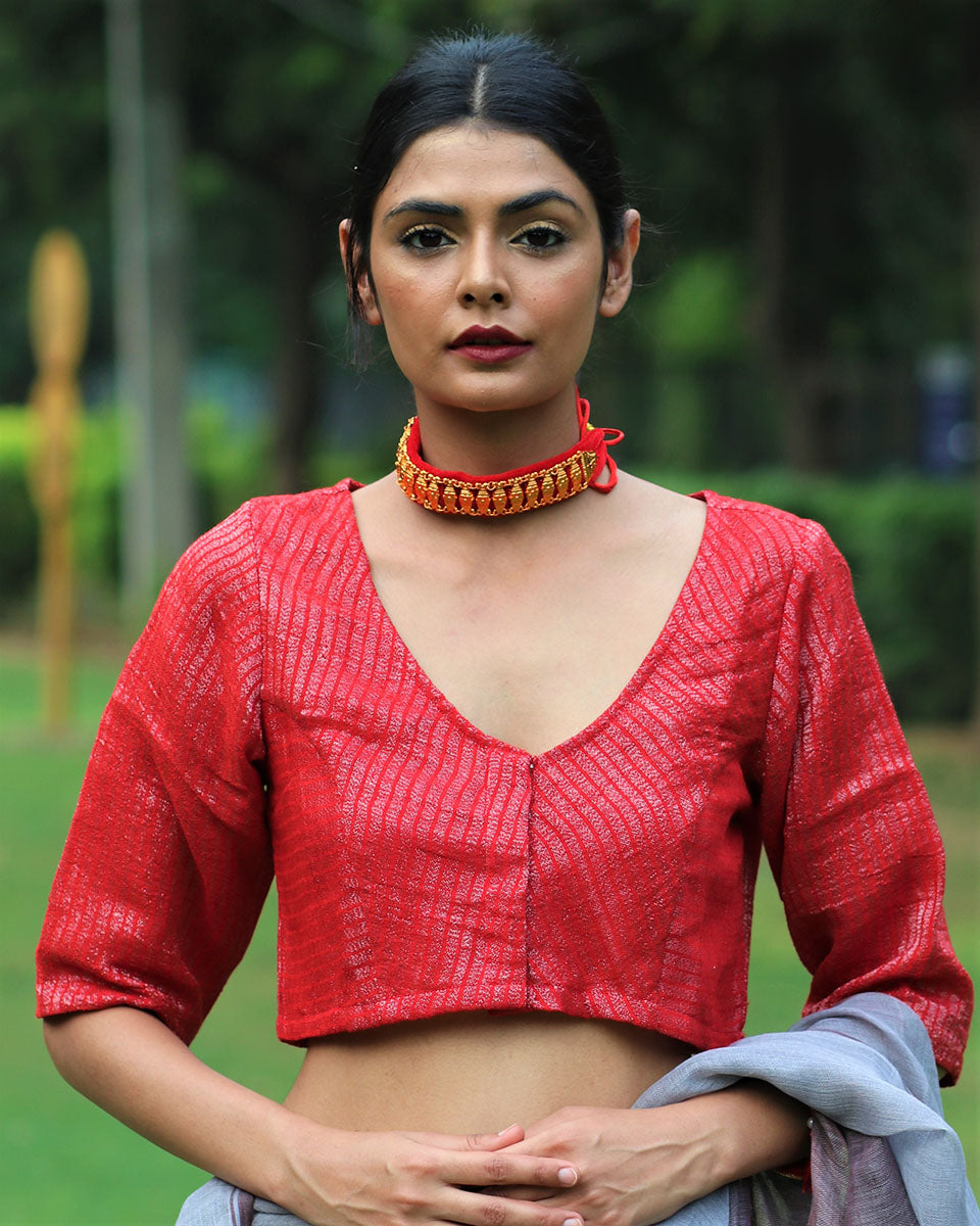 Chidiyaa Brilliant Red Handwoven Linen Zari Stitched Blouse