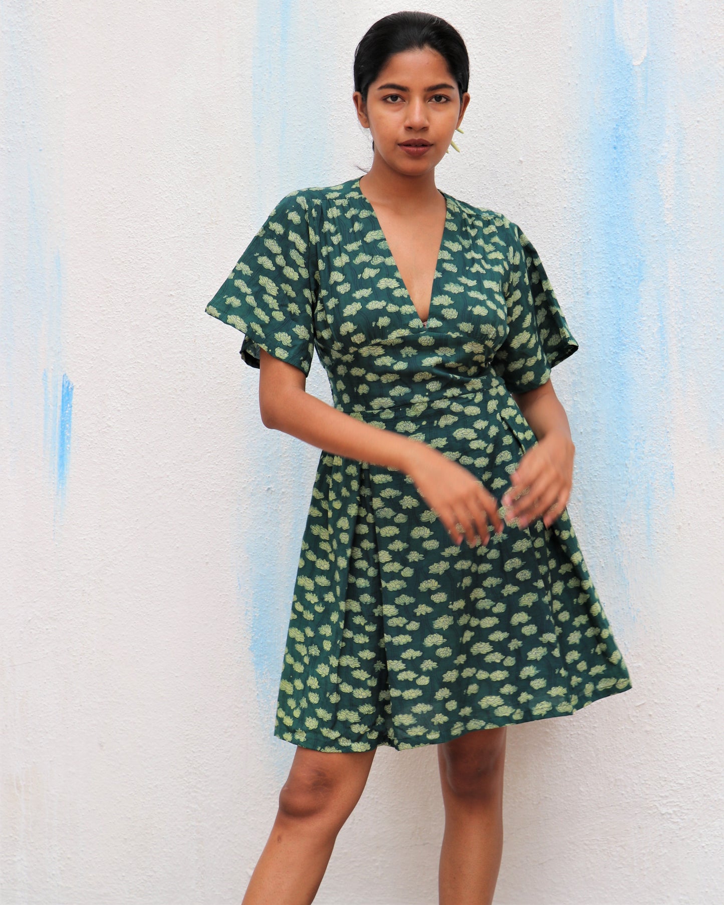 Chidiyaa Green Flower Block Printed Cotton Dress