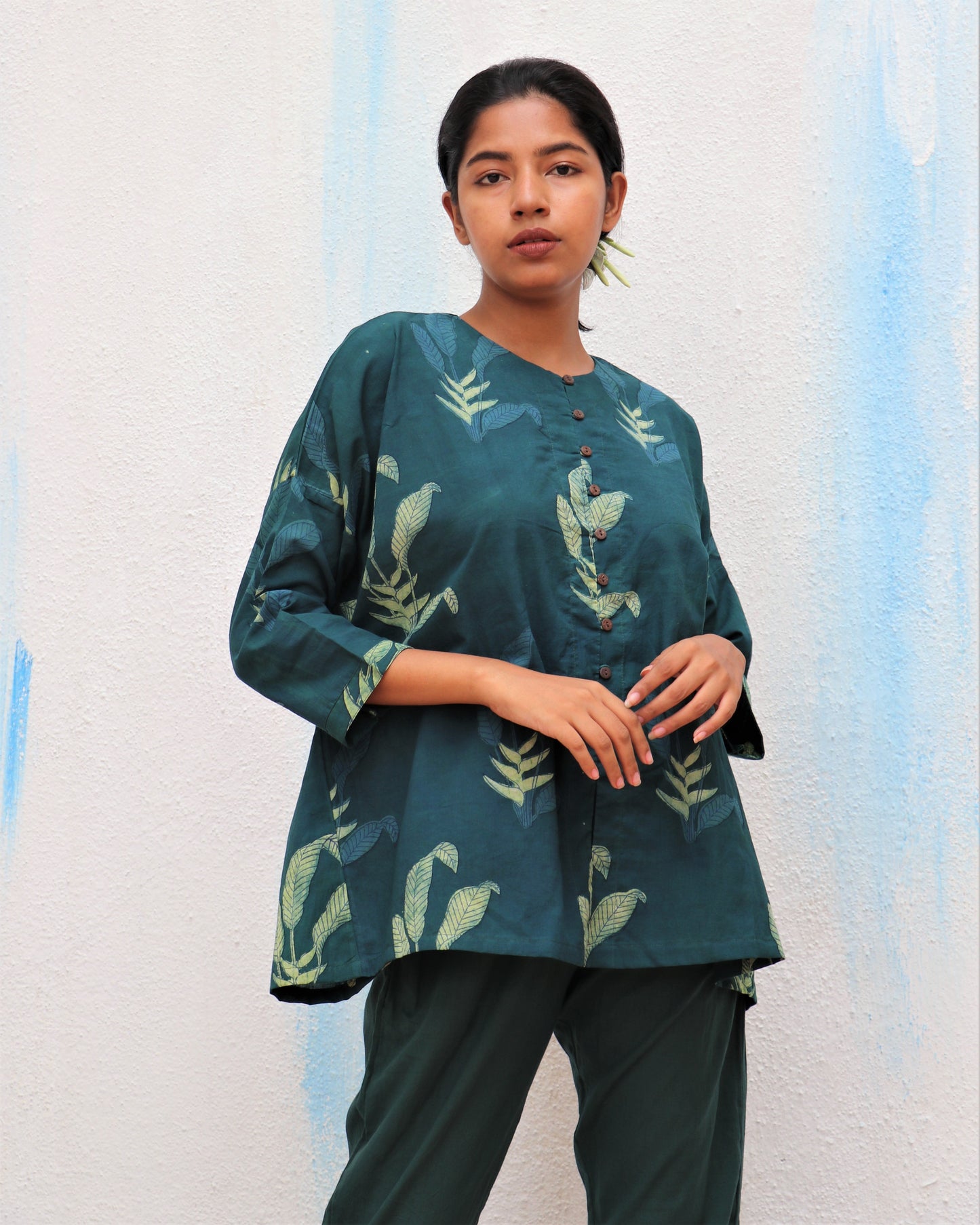 Chidiyaa Green Leaf Block Printed Cotton Shirt