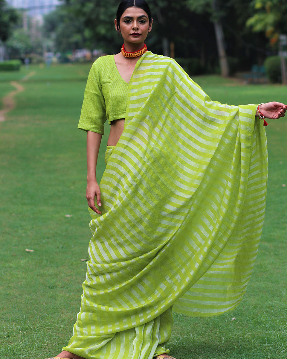 Chidiyaa Vivid Lime Green Handwoven Linen Saree with Unstitched Blouse