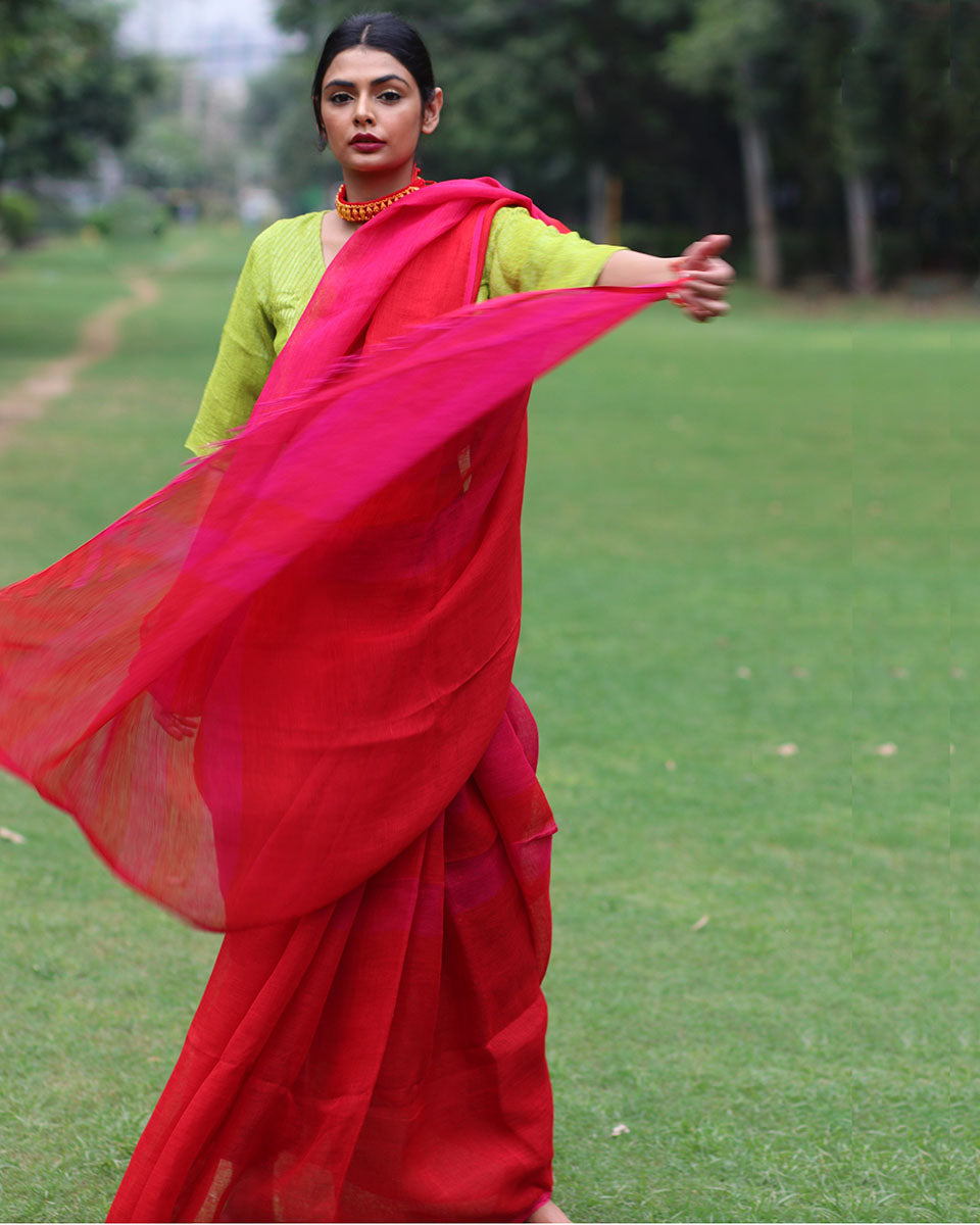 Chidiyaa Gulnar Solid Red Rani Handwoven Linen Saree with Unstitched Blouse