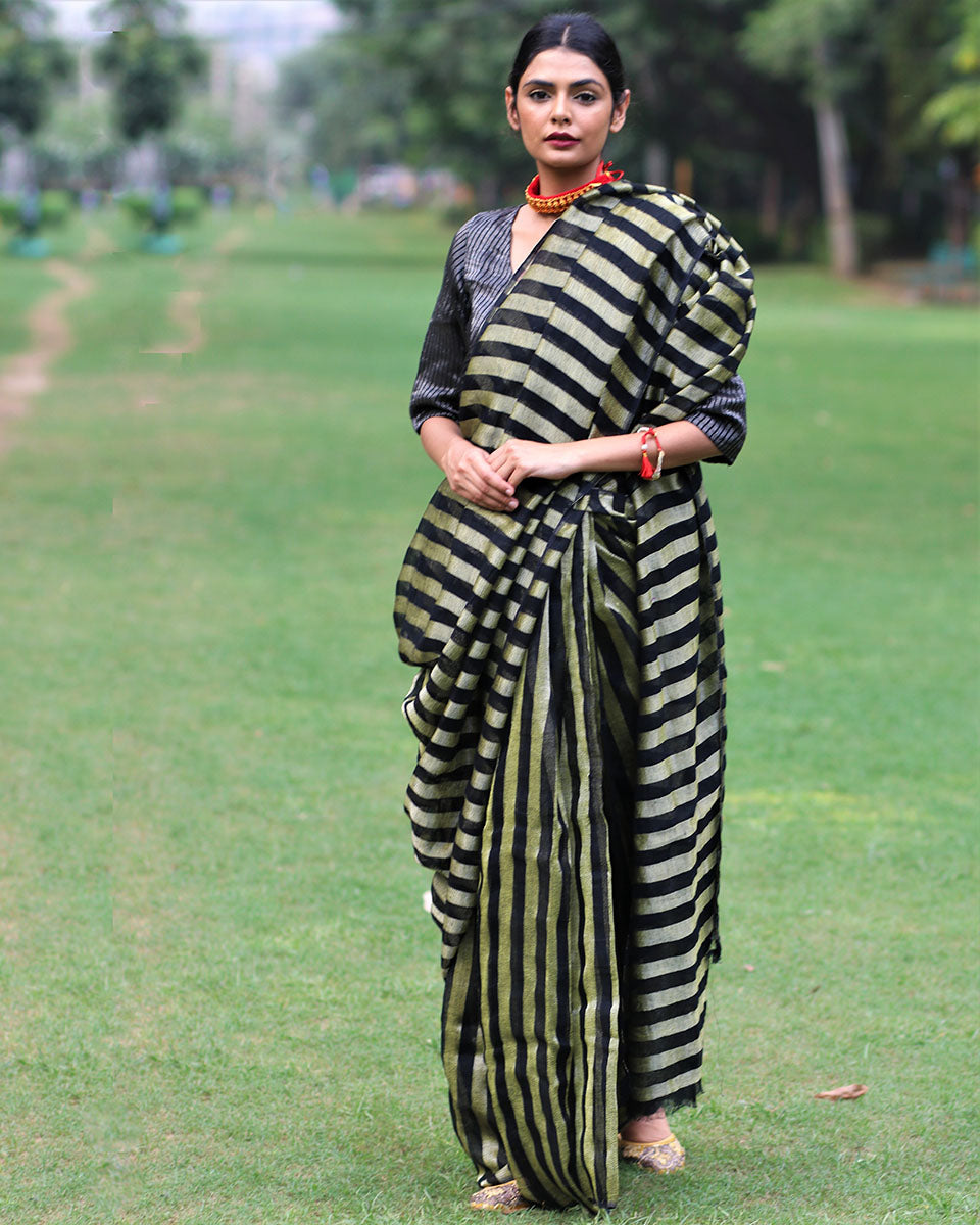 Chidiyaa Nargis Black Gold Striped Handwoven Linen Saree with Unstitched Blouse
