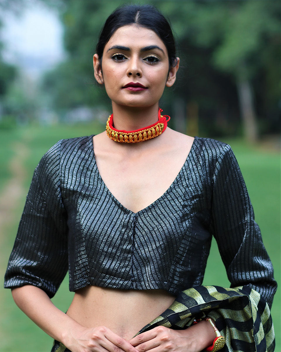 Chidiyaa Bold Black Handwoven Linen Zari Stitched Blouse