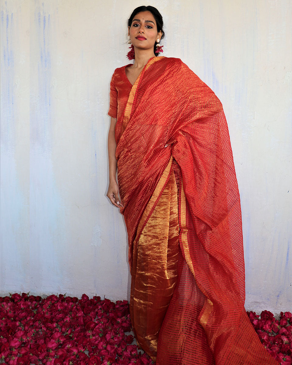 Chidiyaa Red Mulberry Silk Saree with Unstitched Blouse