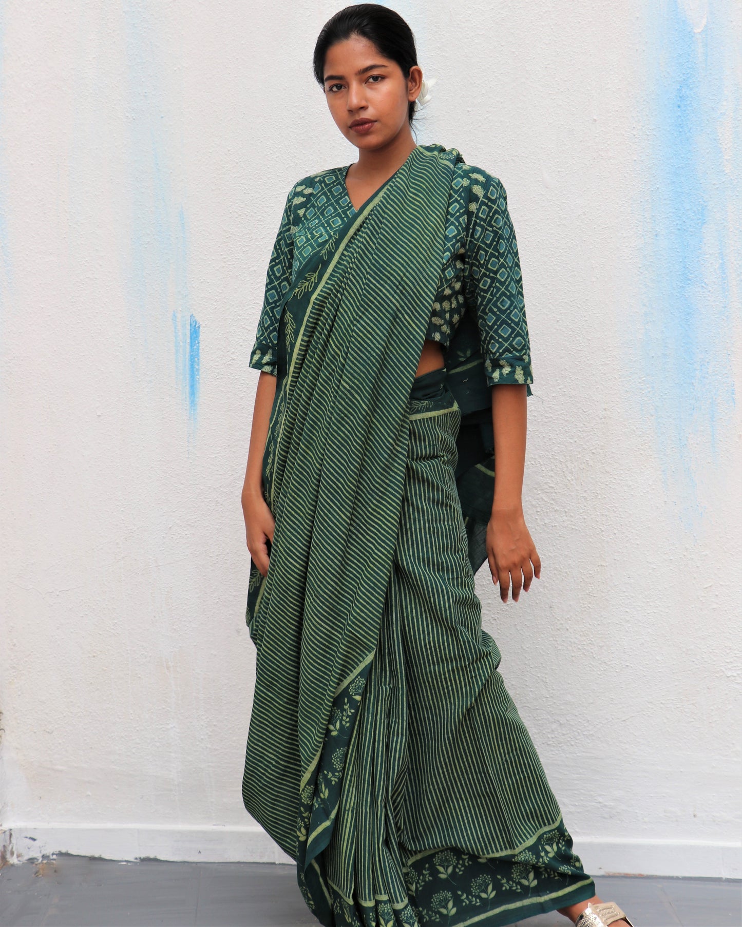 Chidiyaa Green Stripes Block Printed Cotton Saree with Unstitched Blouse