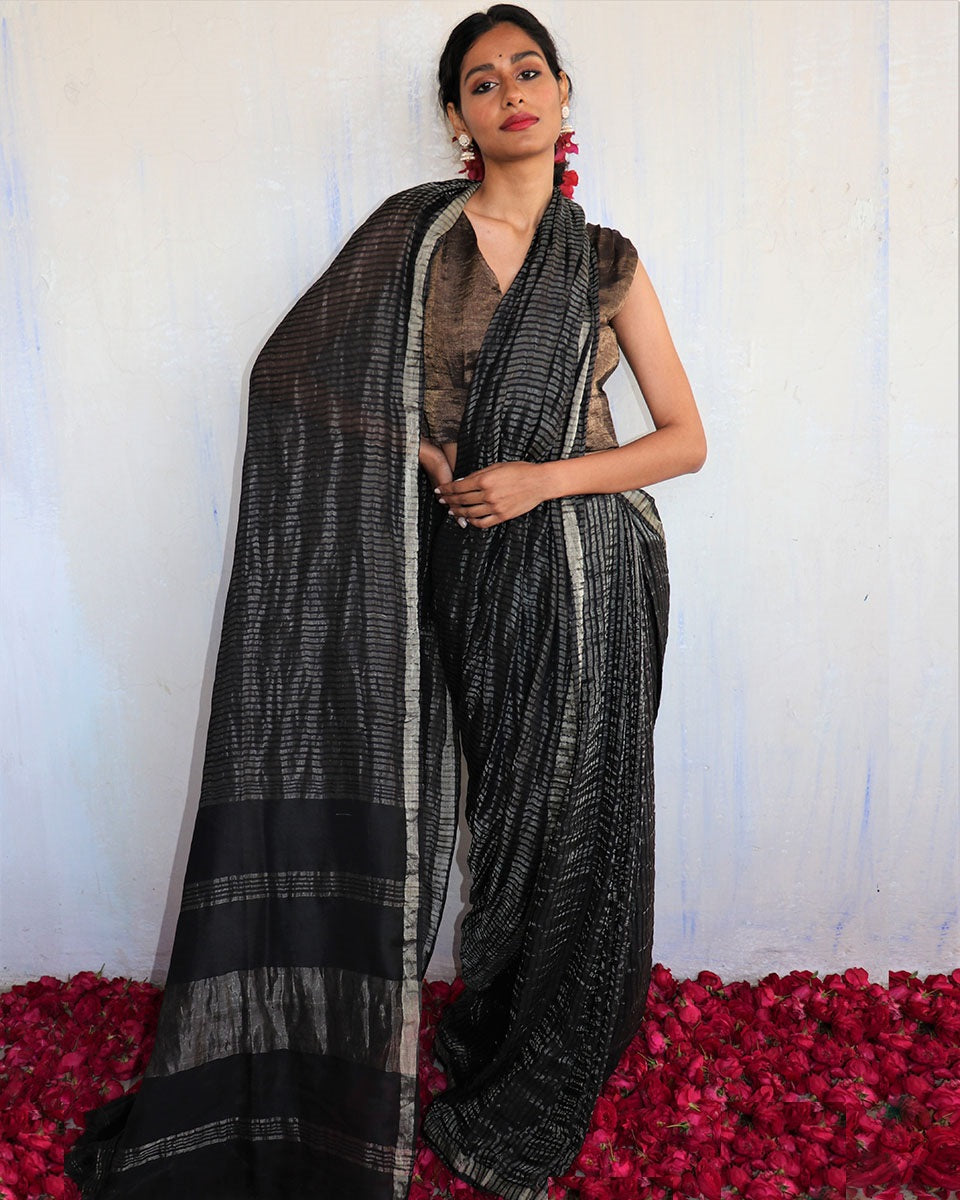 Chidiyaa Black Mulberry Silk Saree with Unstitched Blouse