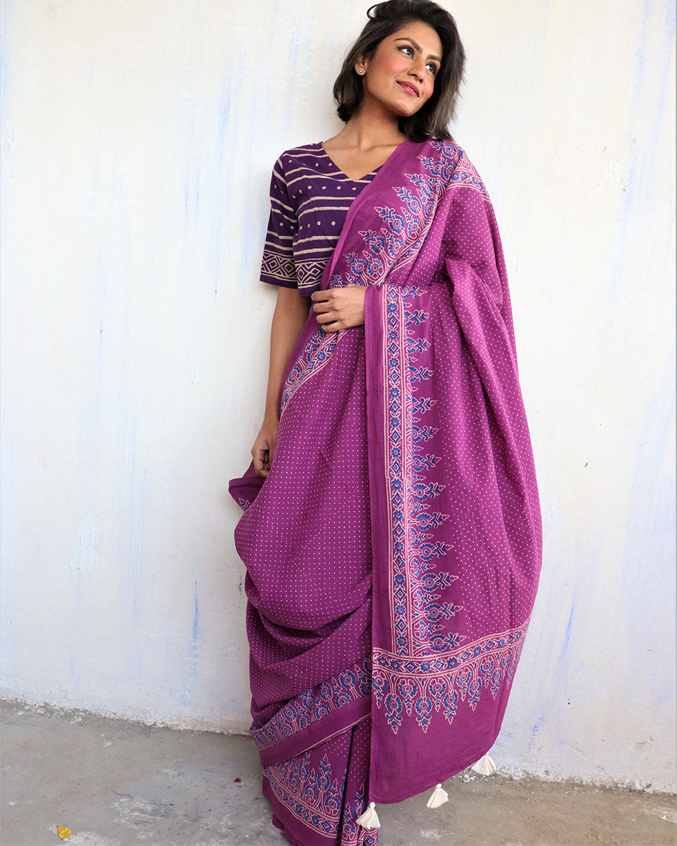 Chidiyaa Purple Block Printed Cotton Mumu Saree with Unstitched Blouse