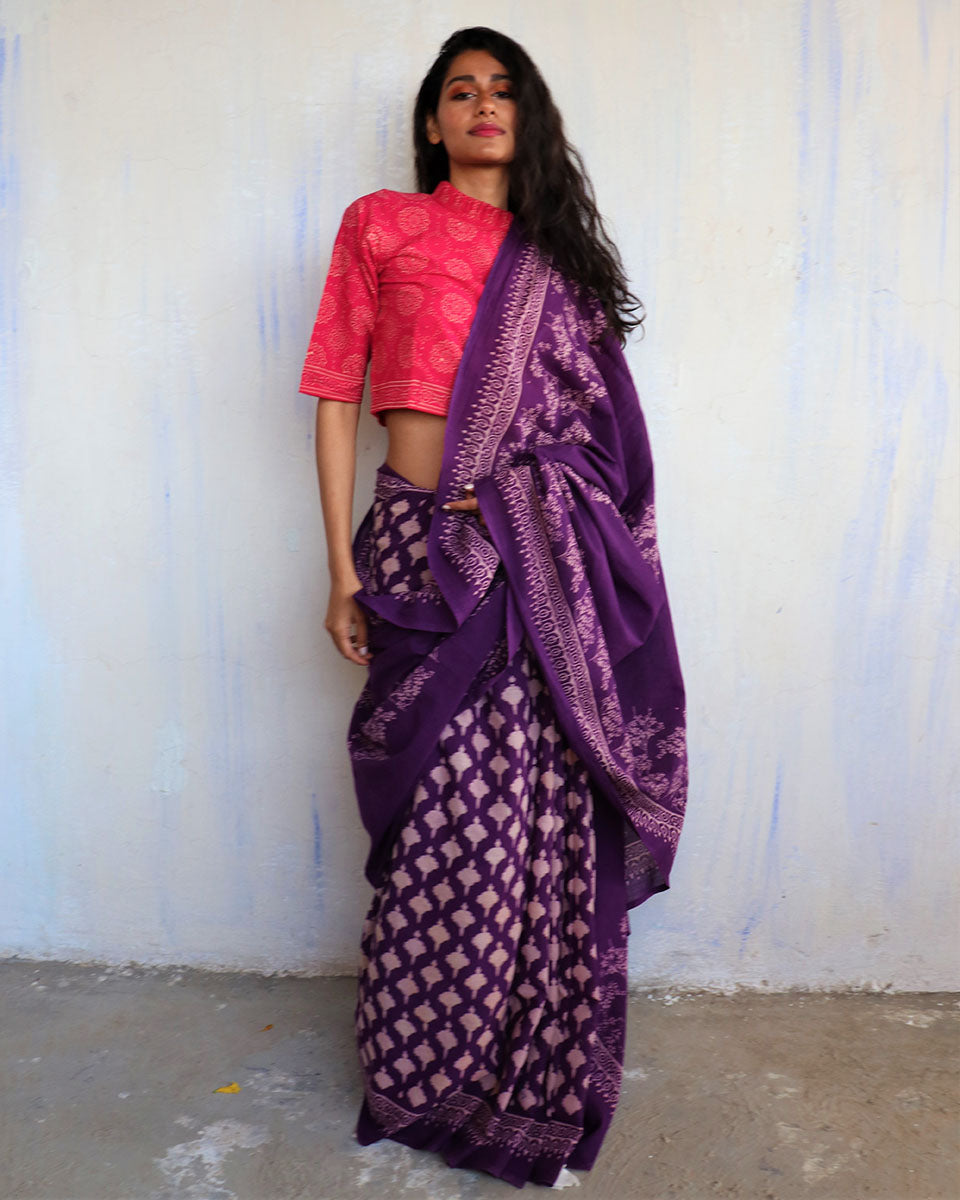 Chidiyaa Purple Block Printed Cotton Mumu Saree with Unstitched Blouse