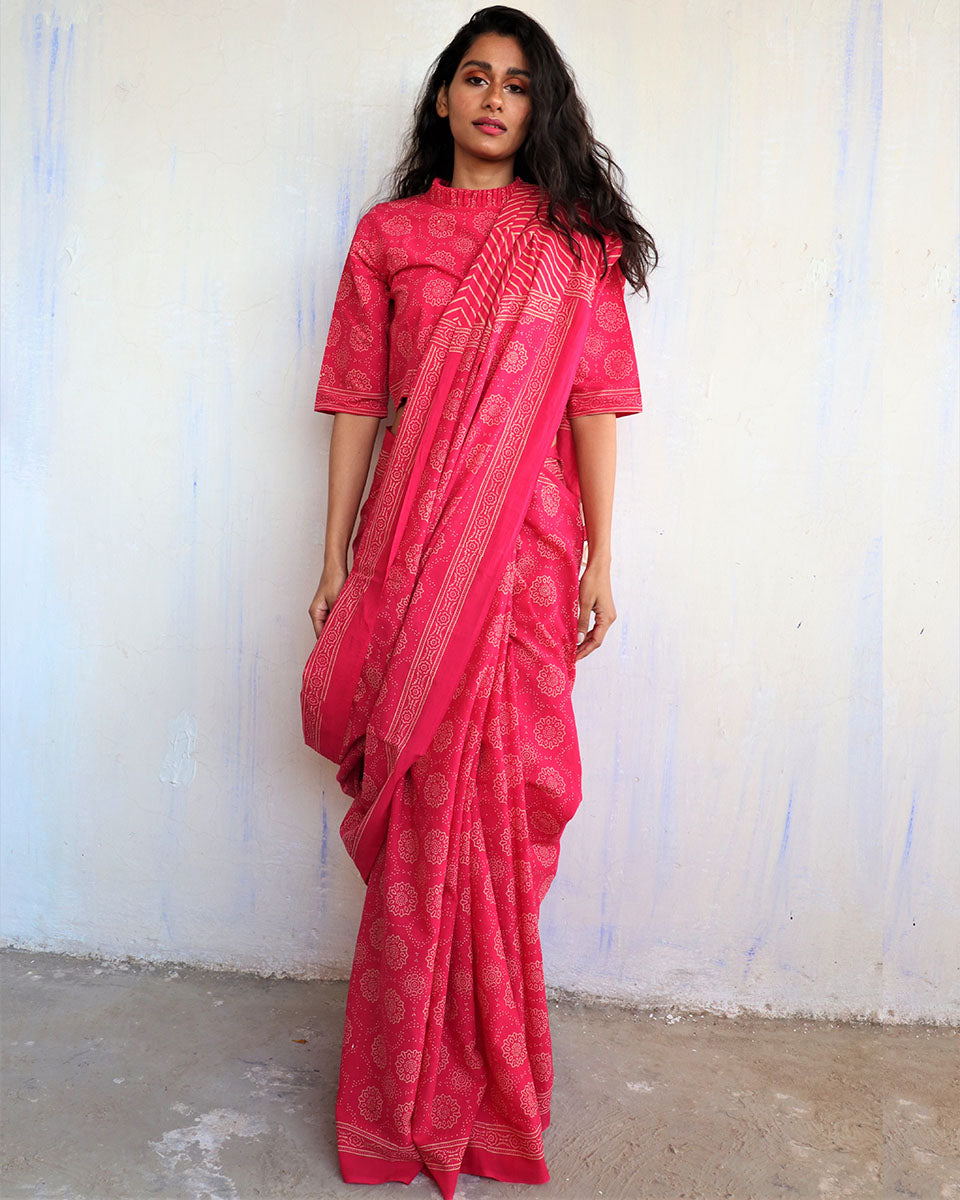 Chidiyaa Rani Block Printed Cotton Mumu Saree with Unstitched Blouse