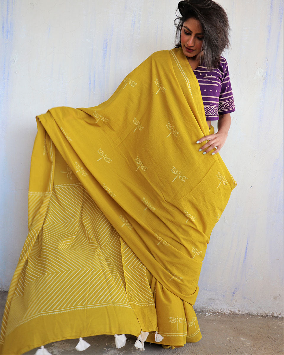 Chidiyaa Yellow Dragonfly Block Printed Cotton Mumu Saree with Unstitched Blouse