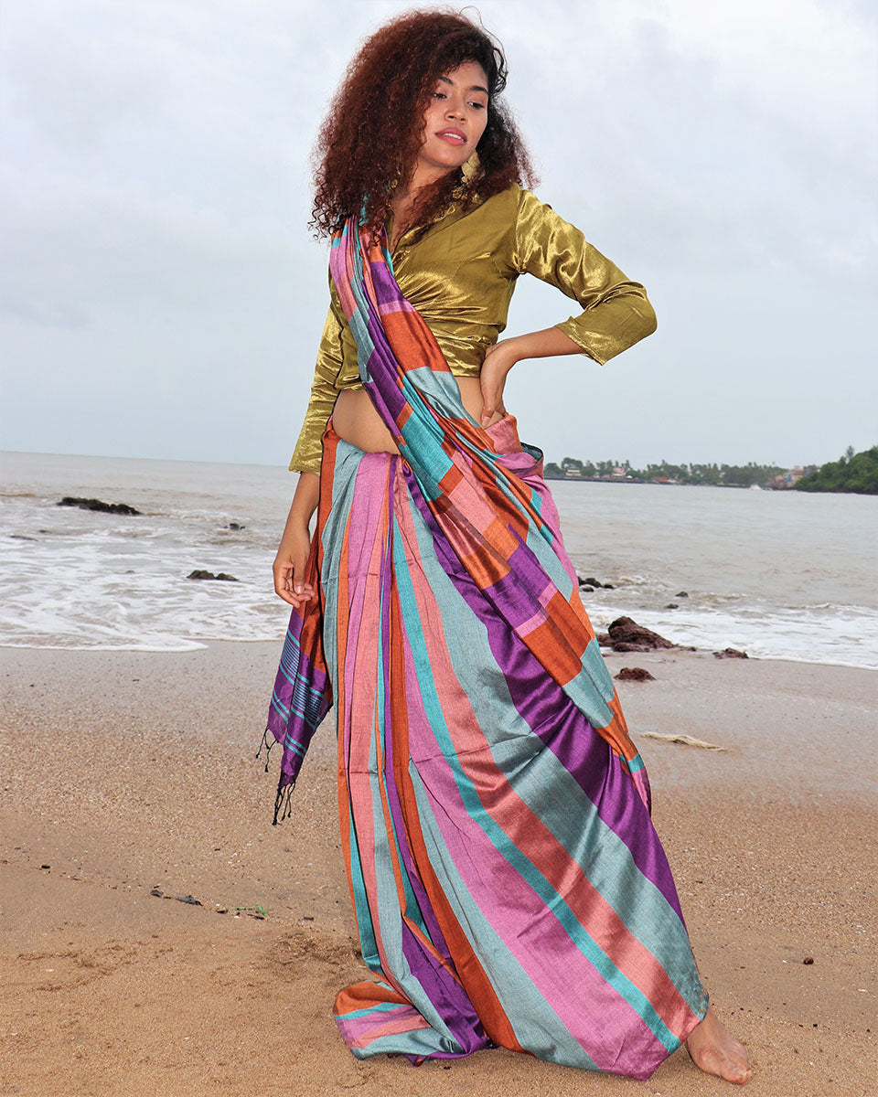 Chidiyaa Handwoven Cotton Brown Rainbow Saree with Unstitched Blouse