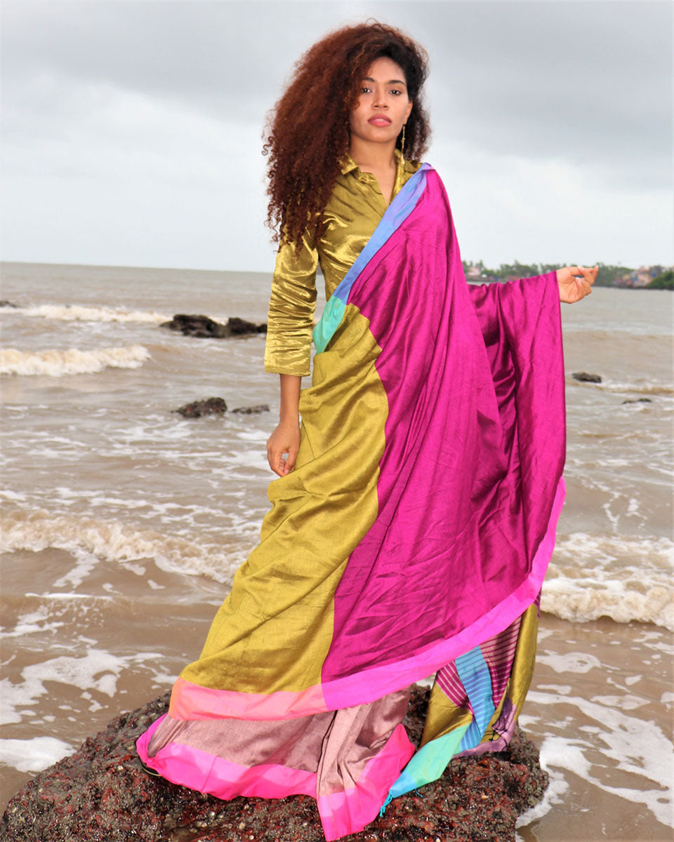 Chidiyaa Handwoven Cotton Pink Rainbow Saree with Unstitched Blouse