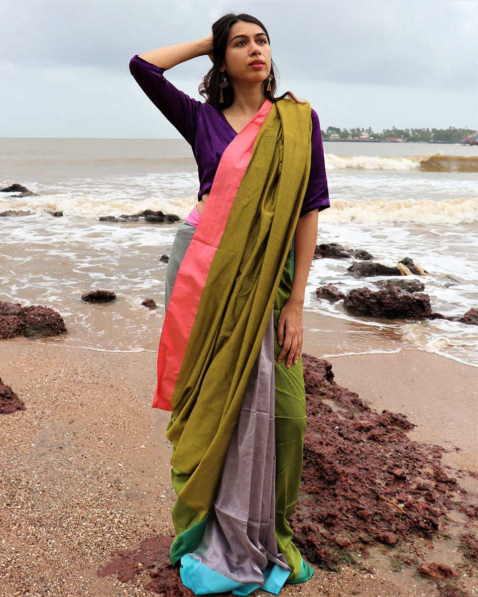Chidiyaa Handwoven Cotton Sea Green Rainbow Saree with Unstitched Blouse