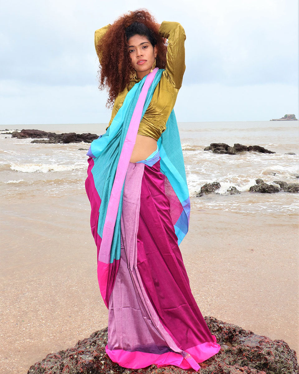 Chidiyaa Handwoven Cotton Blue Rainbow Saree with Unstitched Blouse