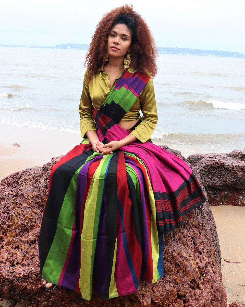 Chidiyaa Handwoven Cotton Rainbow Saree with Unstitched Blouse