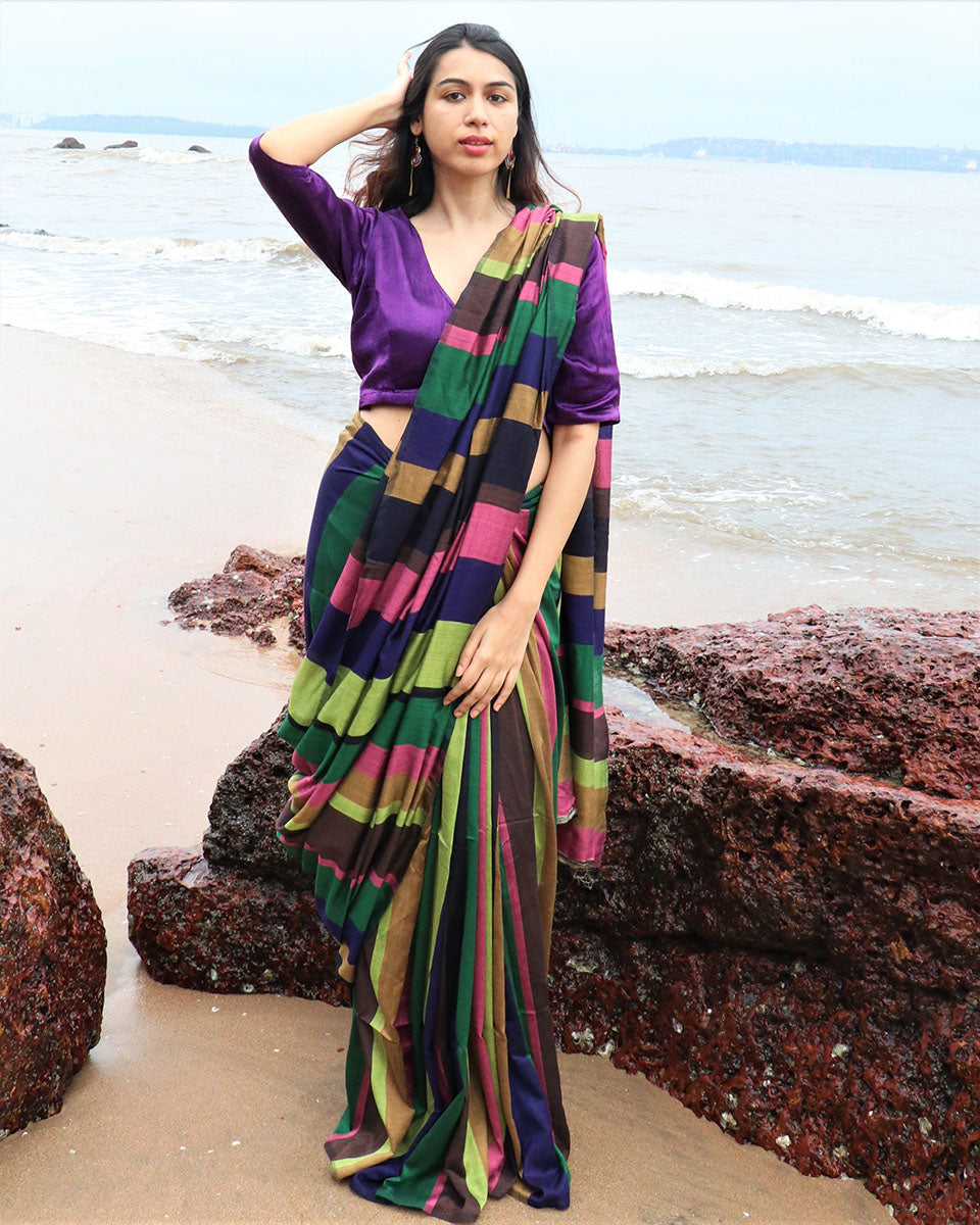 Chidiyaa Handwoven Cotton Olive Rainbow Saree with Unstitched Blouse