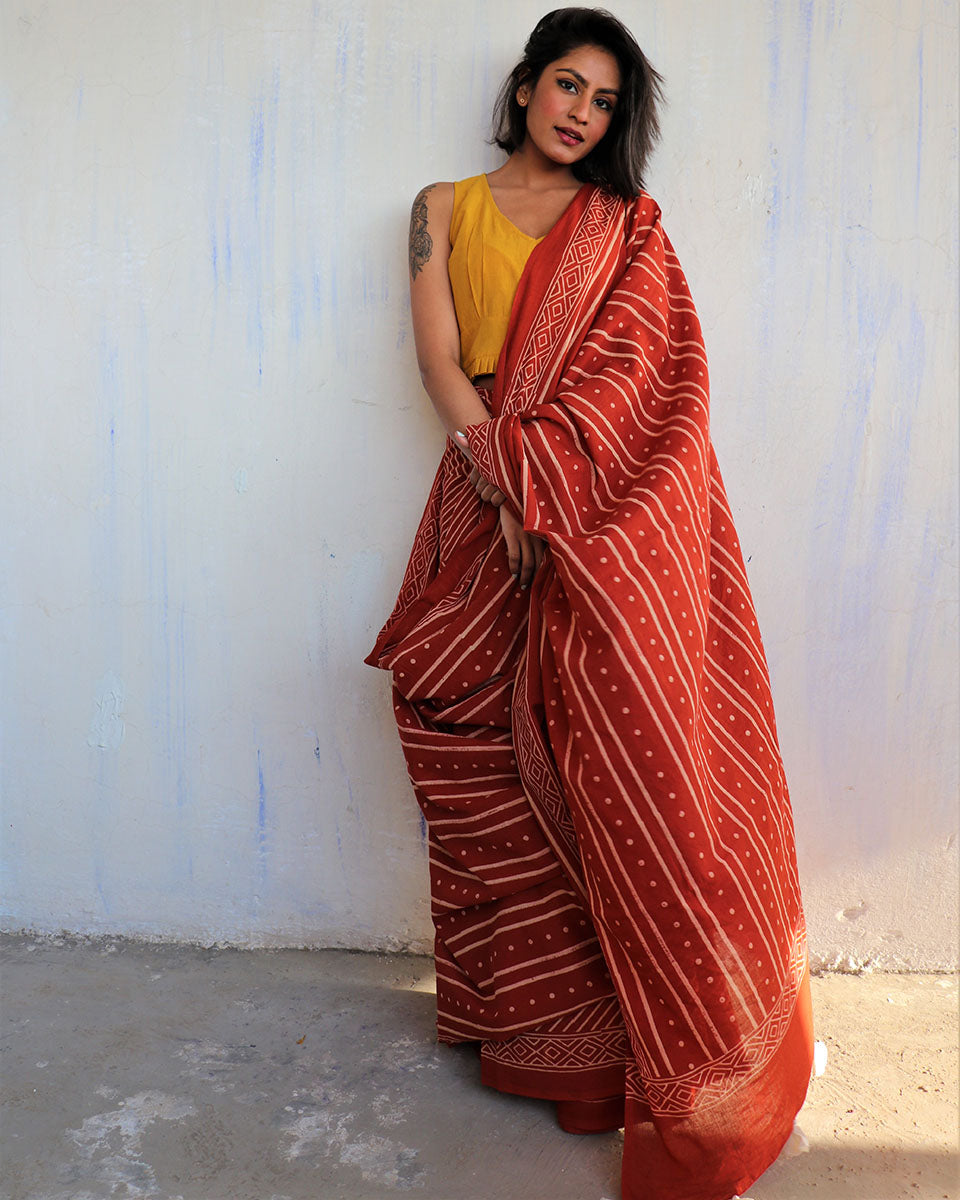 Chidiyaa Rust Block Printed Cotton Mumu Saree with Unstitched Blouse