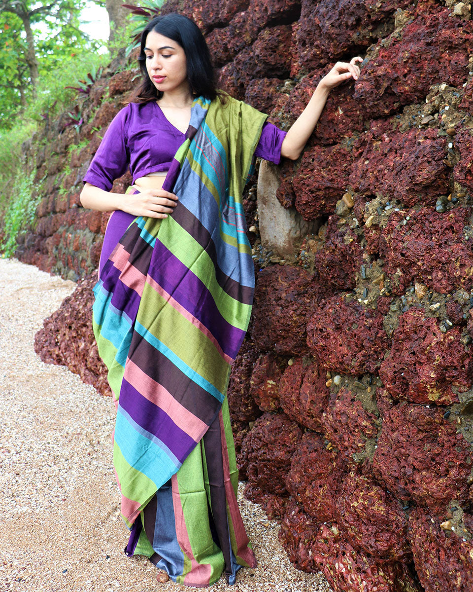 Chidiyaa Handwoven Cotton Purple Rainbow Saree with Unstitched Blouse