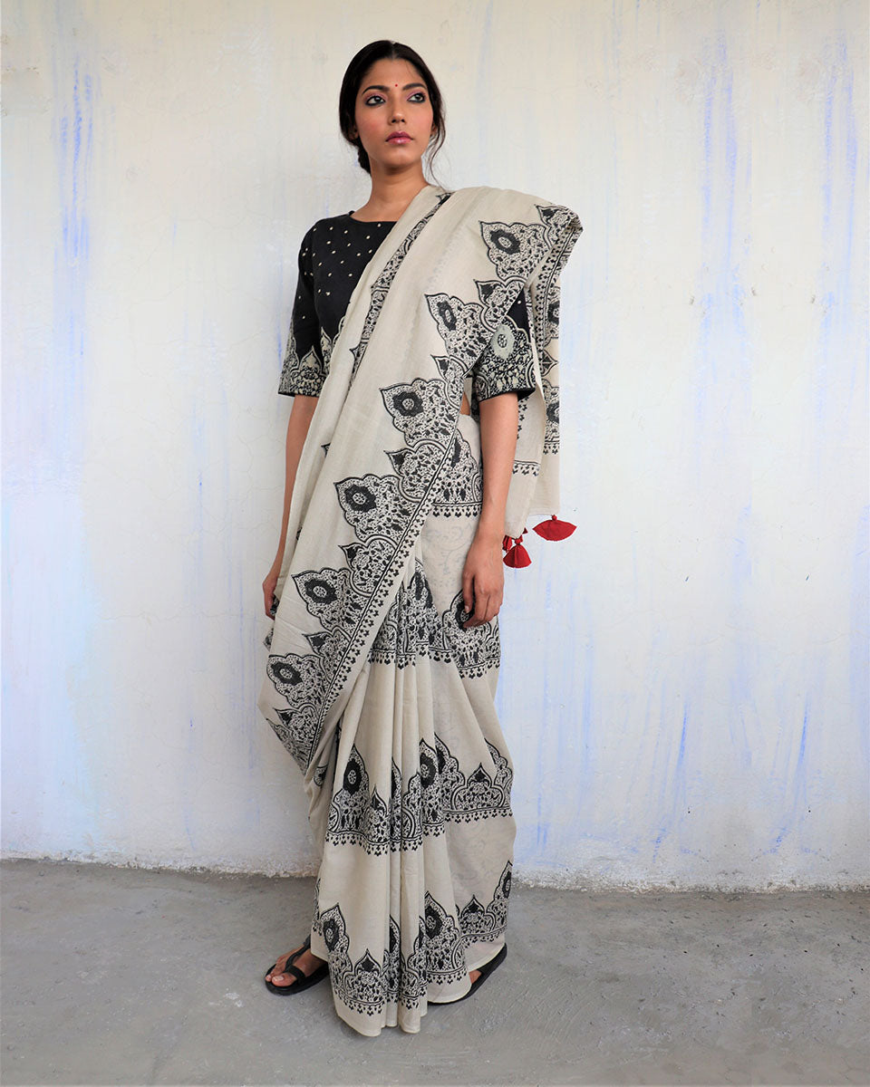 Chidiyaa Ivory Black Block Printed Cotton Mul Saree with Unstitched Blouse