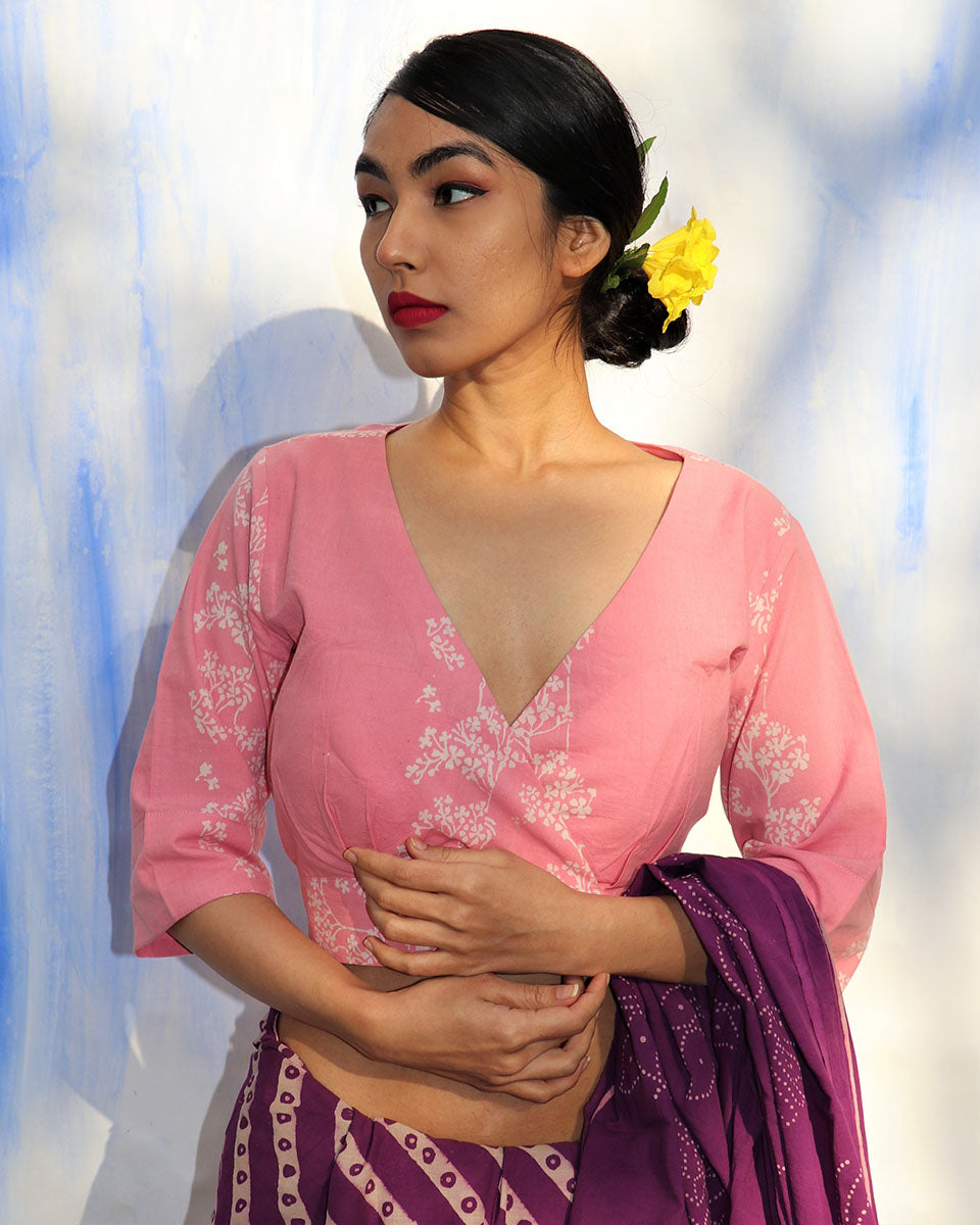Chidiyaa SKD Pink Handprinted Pure Cotton Blouse