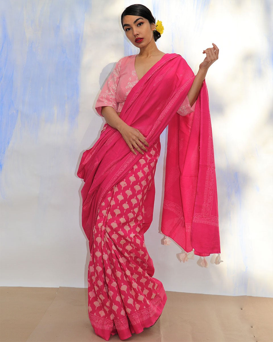 Chidiyaa SKD Rani Jal Handprinted Pure Cotton Saree