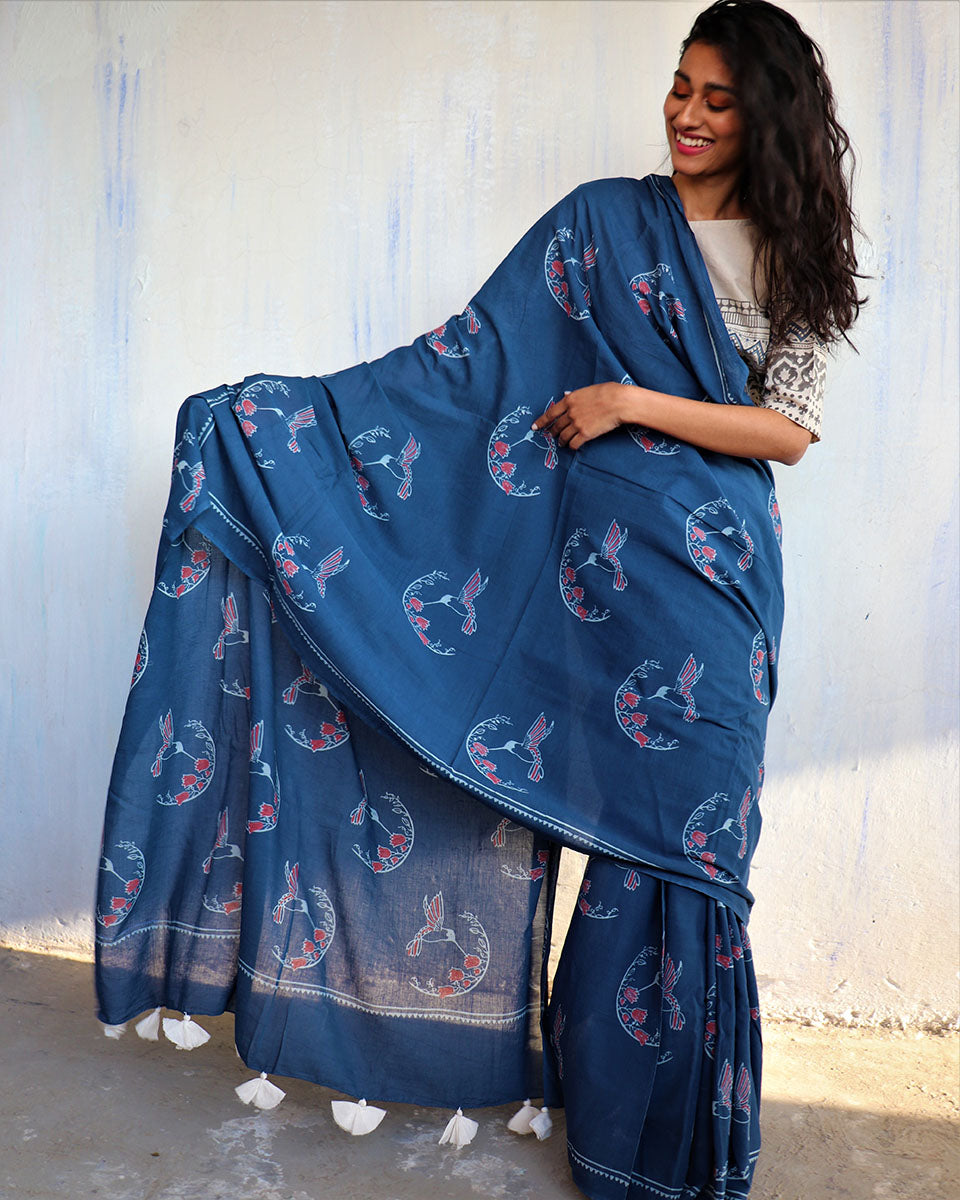 Chidiyaa Blue Block Printed Cotton Mumu Saree with Unstitched Blouse