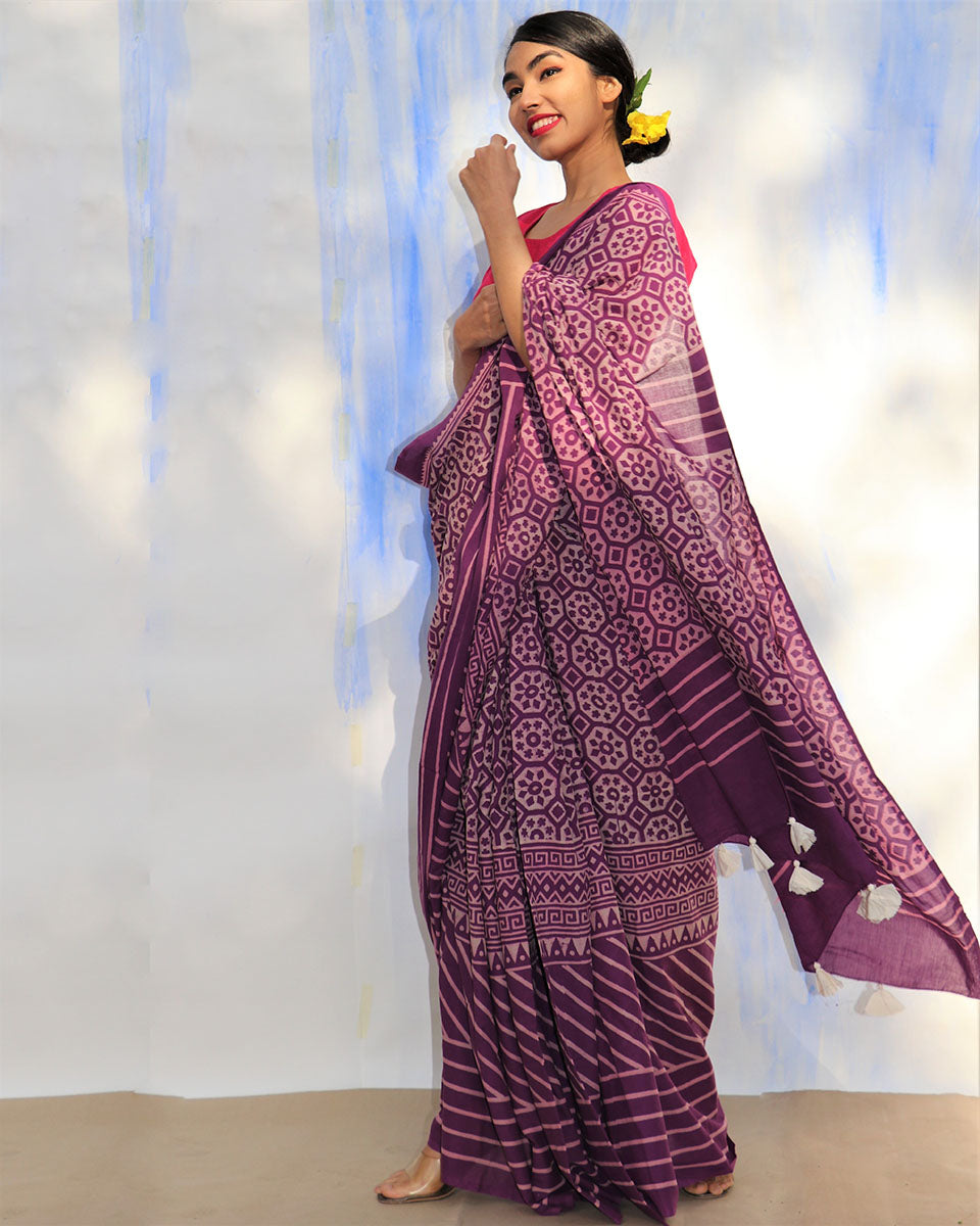 Chidiyaa SKD Purple Jal Handprinted Pure Cotton Saree