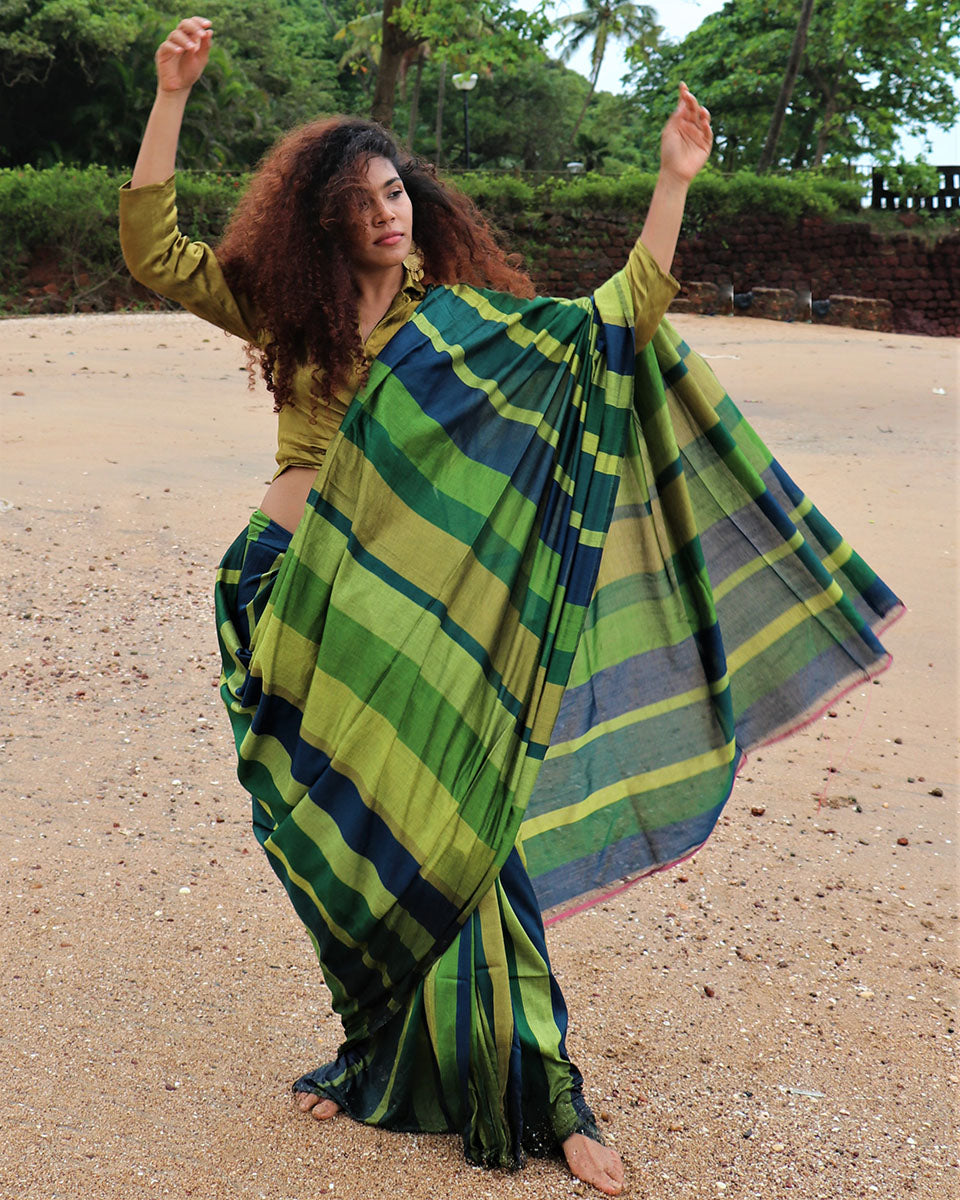 Chidiyaa Handwoven Cotton Green Rainbow Saree with Unstitched Blouse
