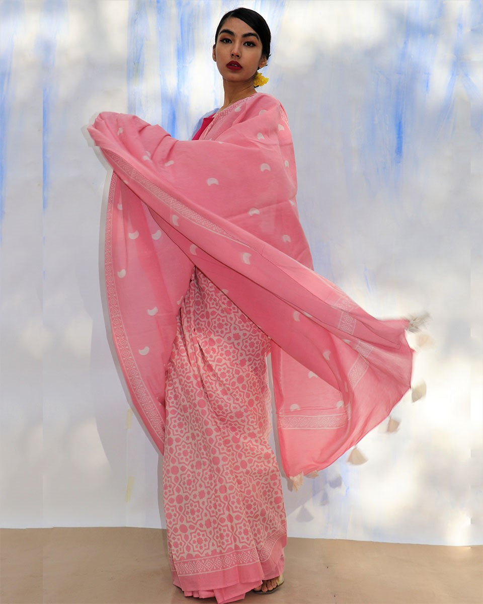 Chidiyaa SKD Pink Moon Handprinted Pure Cotton Saree