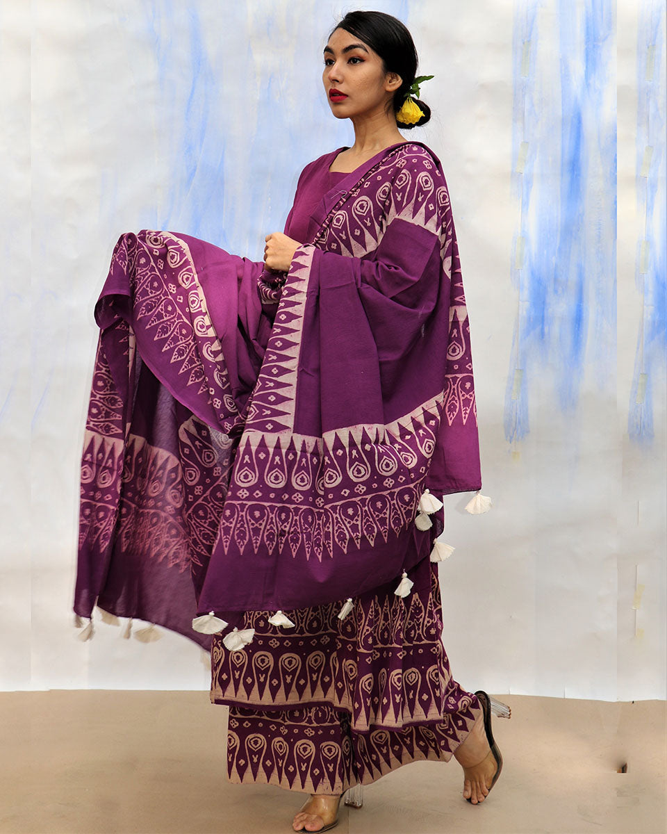 Chidiyaa SKD Purple Handprinted Pure Cotton Dupatta