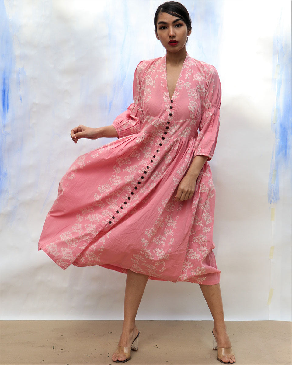Chidiyaa SKD Pink Handprinted Front Open Pure Cotton Dress