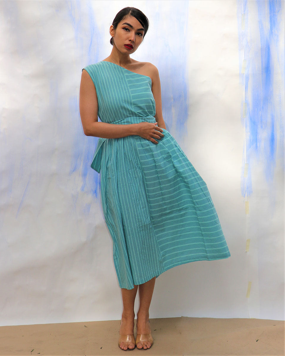 Chidiyaa SKD Sky Blue Handprinted One Shoulder Pure Cotton Dress