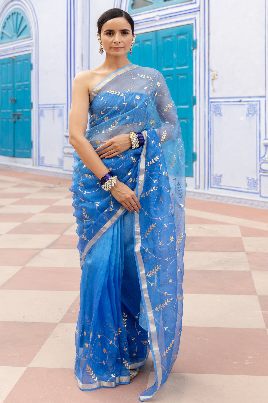 Blue Handcrafted Pure Kota Silk Saree - Geroo Jaipur