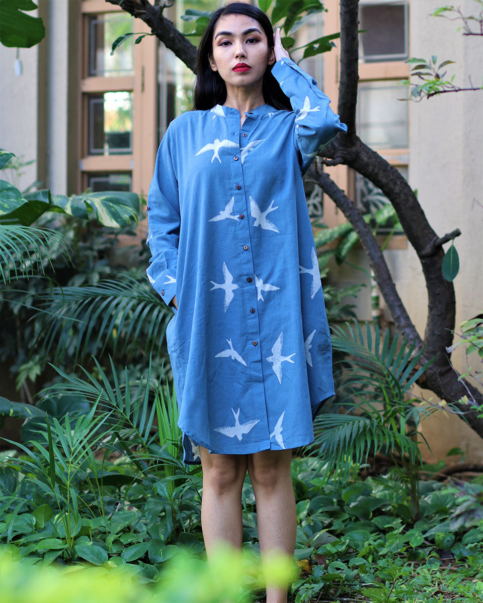 Chidiyaa Flyon Blue Block Printed Cotton Shirt Dress - Fursat
