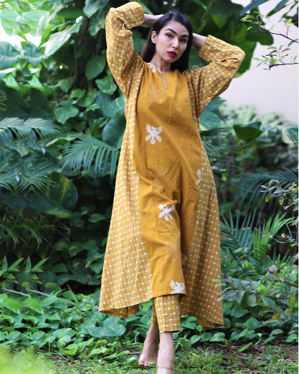 Chidiyaa Unwind Mustard Block Printed Cotton Kurta - Fursat (Set of 2)