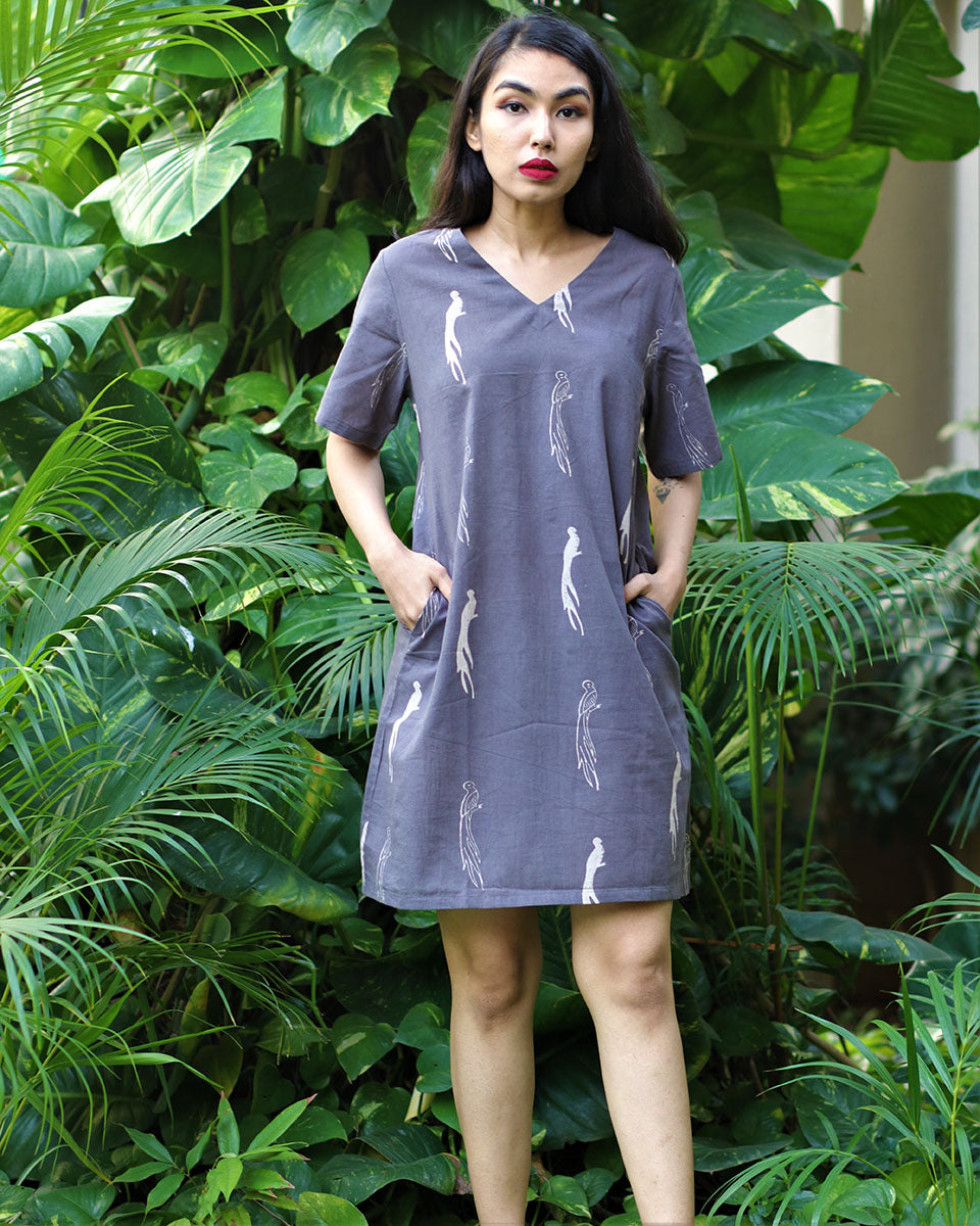 Chidiyaa Leisure Grey Block Printed Cotton Dress - Fursat