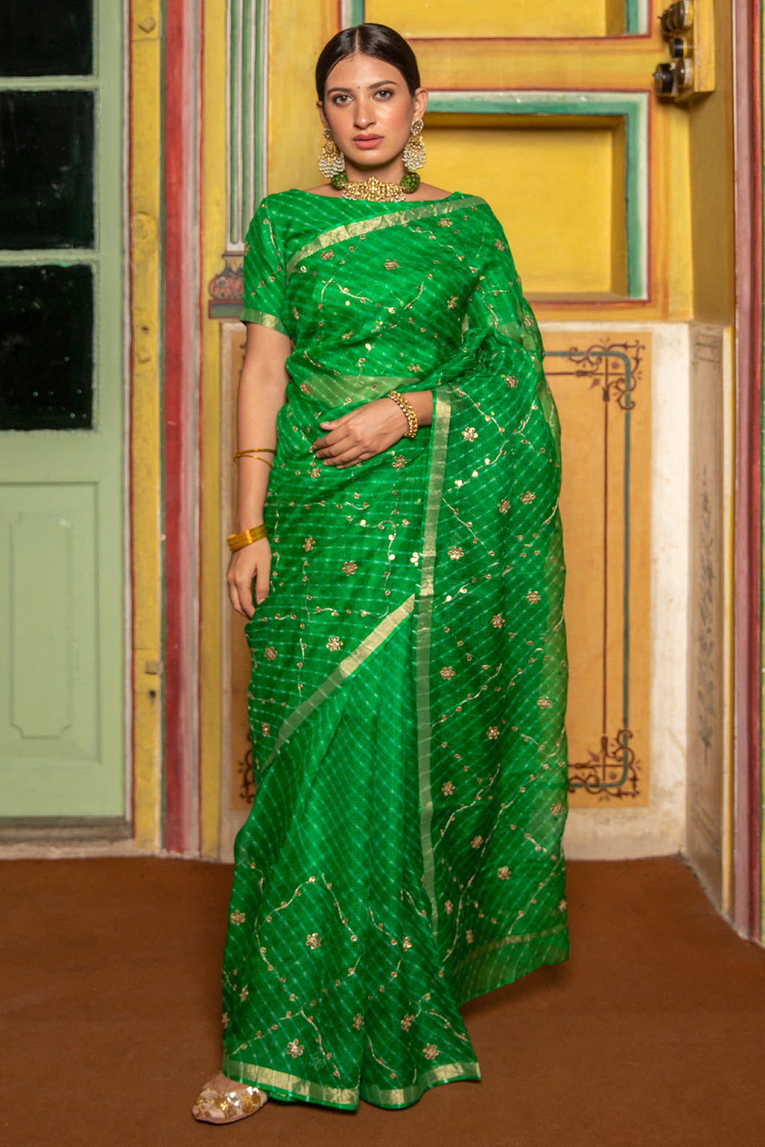 Green Handcrafted Pure Kota Silk Mothra Saree - Geroo Jaipur