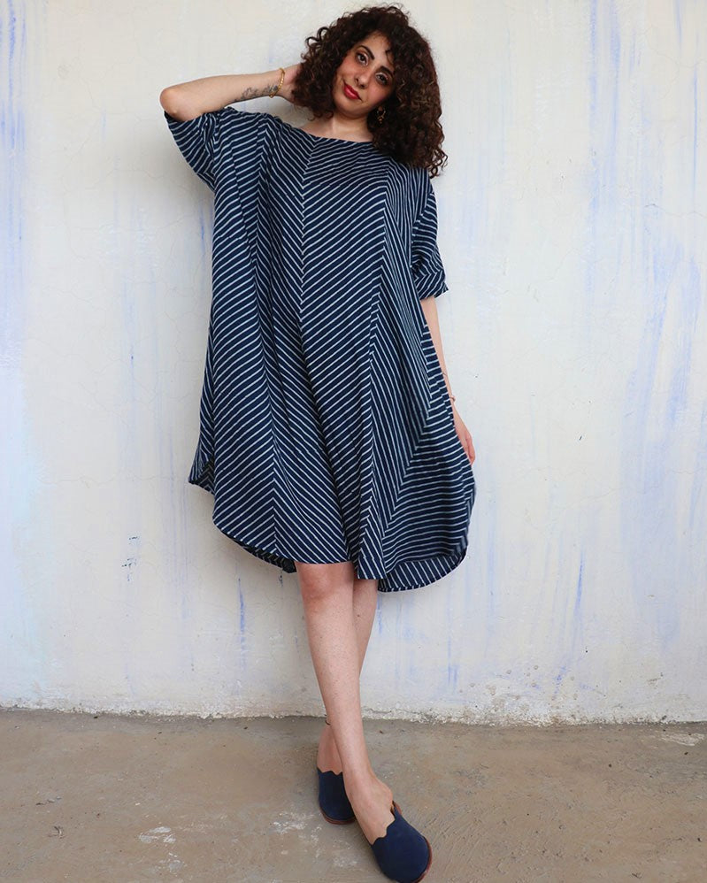 Chidiyaa Blue Zigzag Block Printed Cotton Silk Free Size Dress
