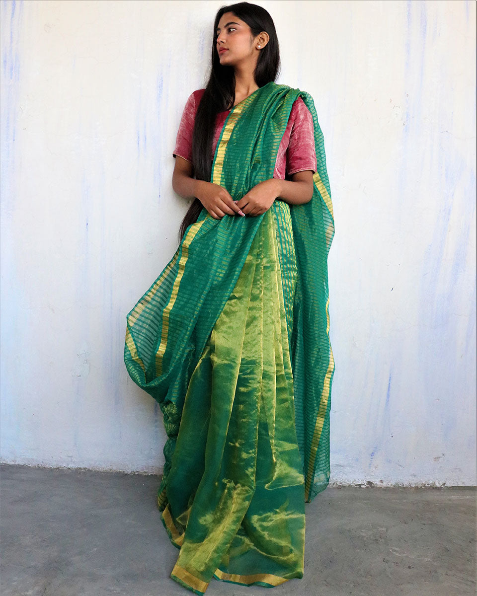 Chidiyaa Green Mulberry Silk Saree with Unstitched Blouse