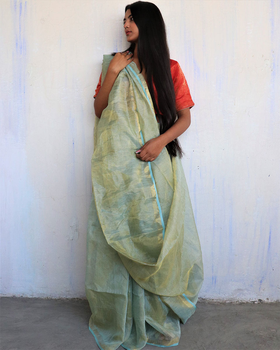 Chidiyaa Green Linen Saree with Unstitched Blouse