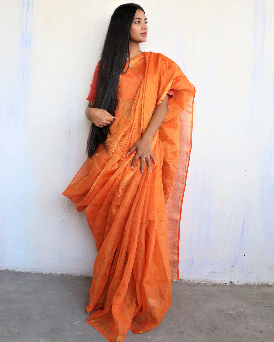 Chidiyaa Orange Linen Saree with Unstitched Blouse