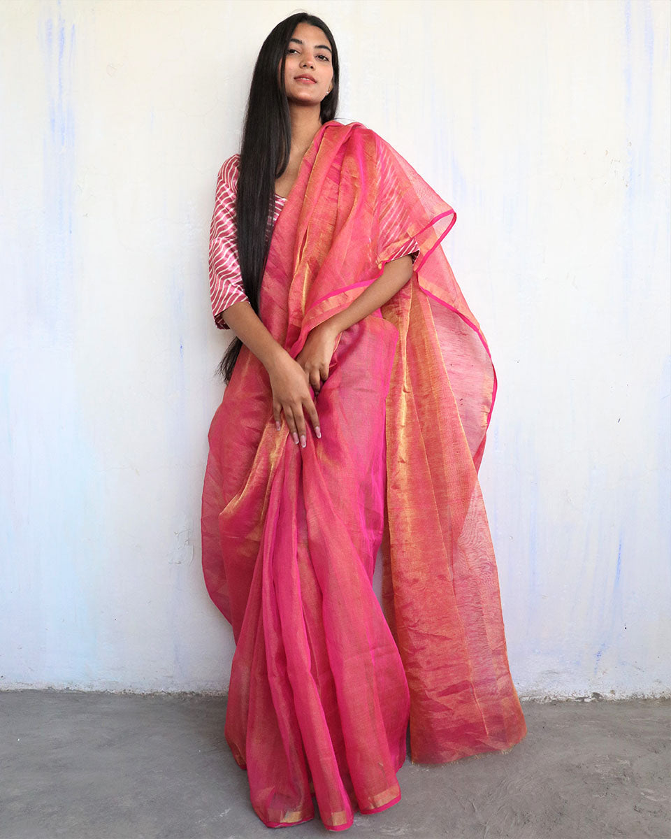 Chidiyaa Pink Linen Saree with Unstitched Blouse