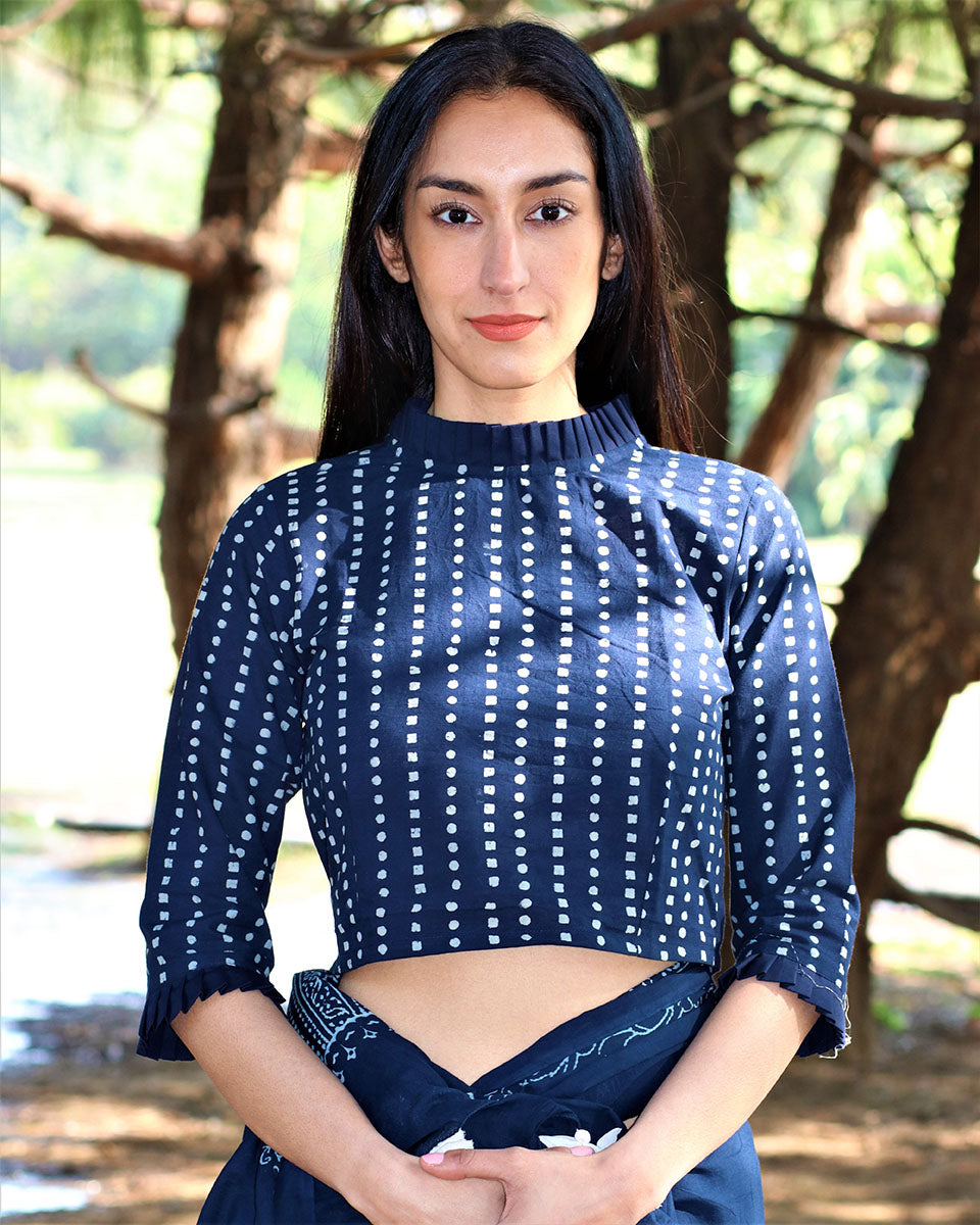 Chidiyaa Blue Block Printed Cotton Crop Top With Frills
