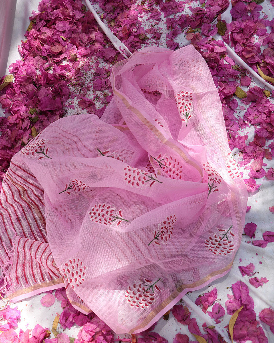 Chidiyaa Bloom Pink Kota Hand Printed Dupatta - Fos