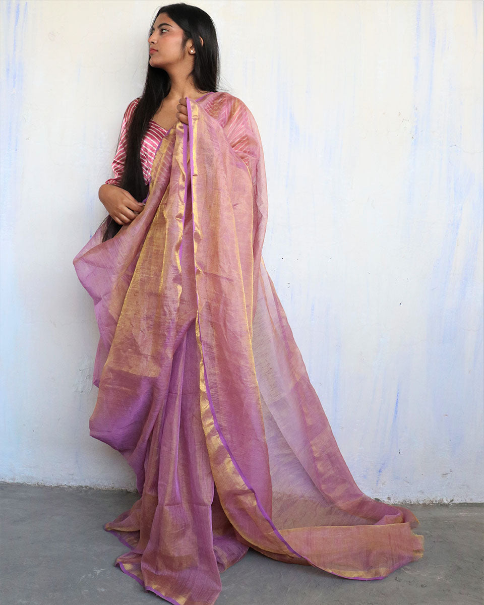 Chidiyaa Purple Linen Saree with Unstitched Blouse