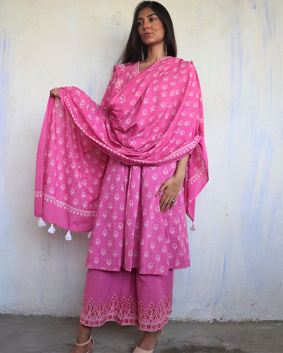 CHIDIYAA Pink Pure Cotton Block Printed Dupatta Ajooni 2