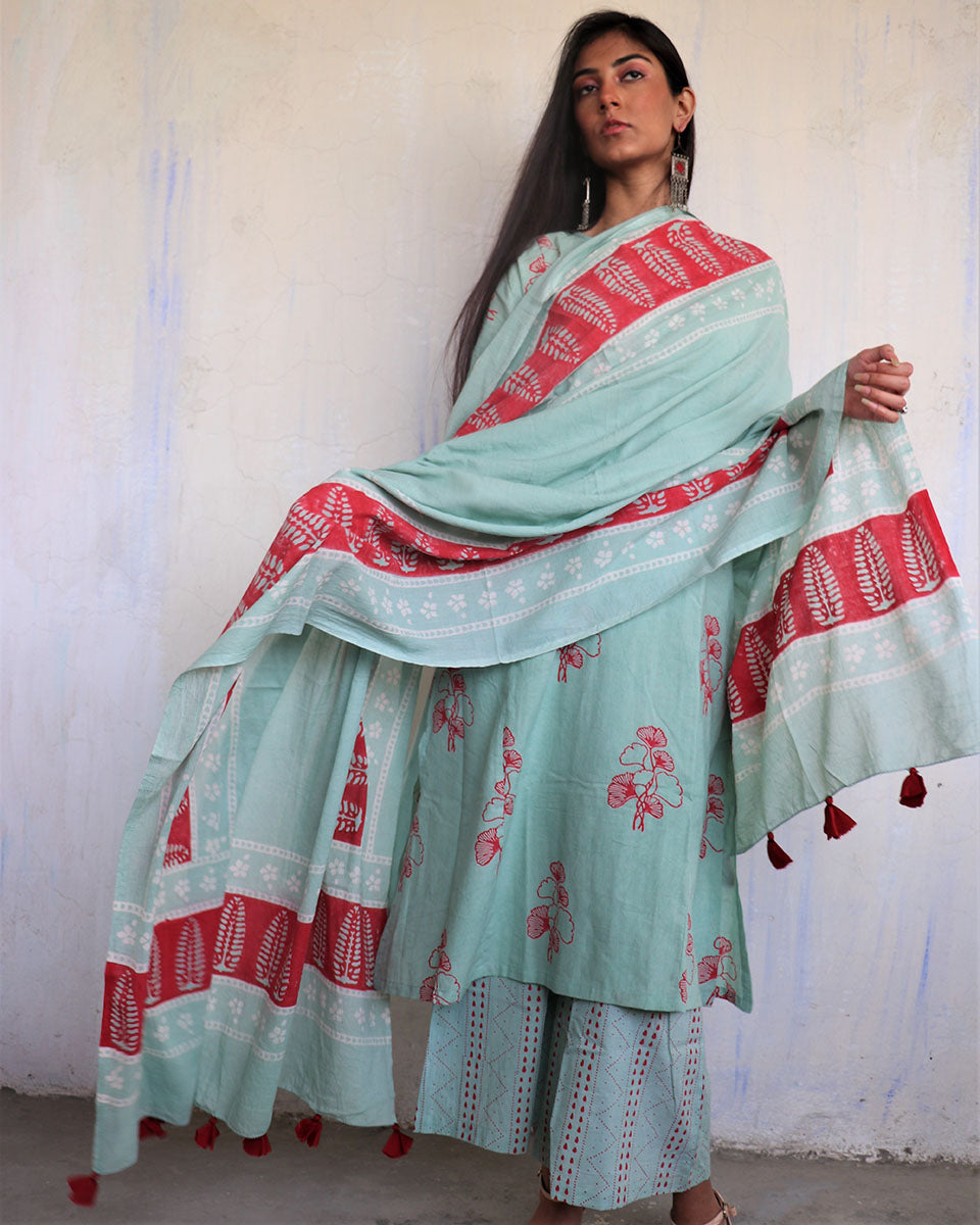 CHIDIYAA Sea Blue Pure Cotton Block Printed Dupatta Ajooni