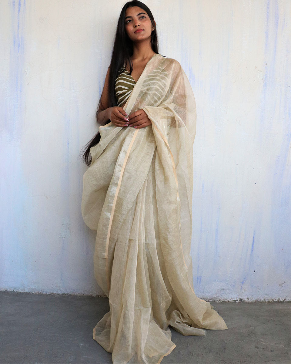 Chidiyaa Off White Linen Saree with Unstitched Blouse