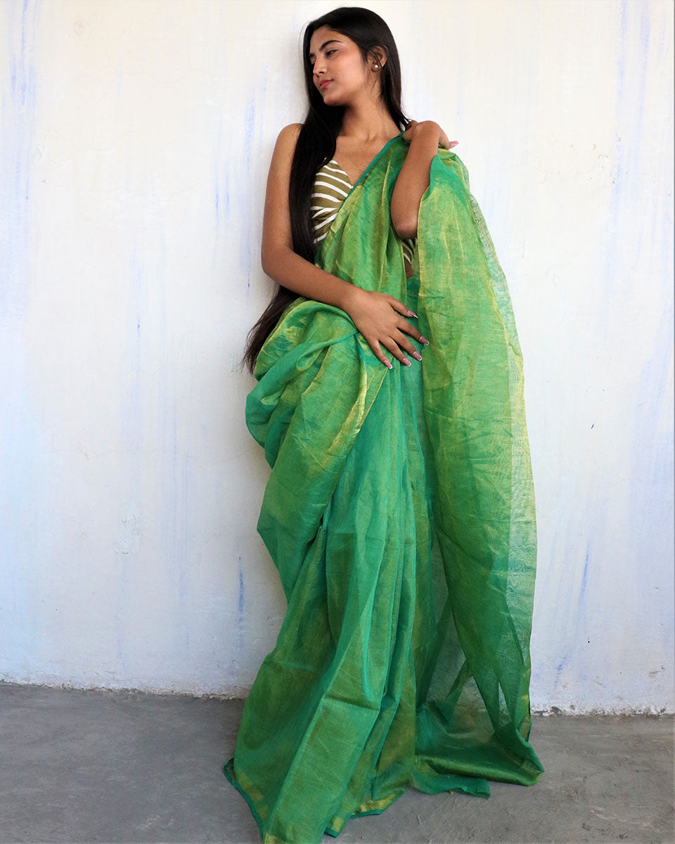 Chidiyaa Green Linen Saree with Unstitched Blouse