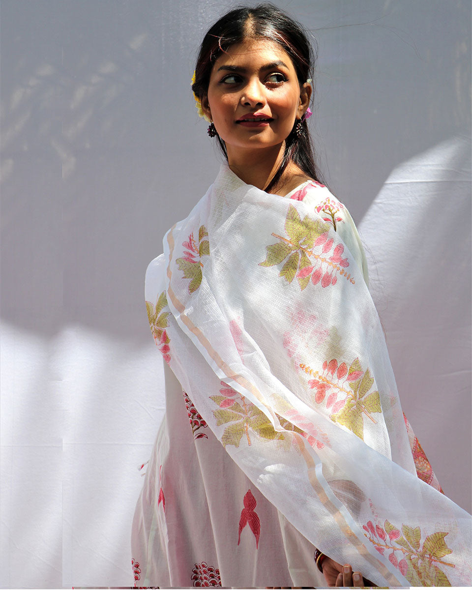 Chidiyaa Flourish White Kota Hand Printed Dupatta - Fos